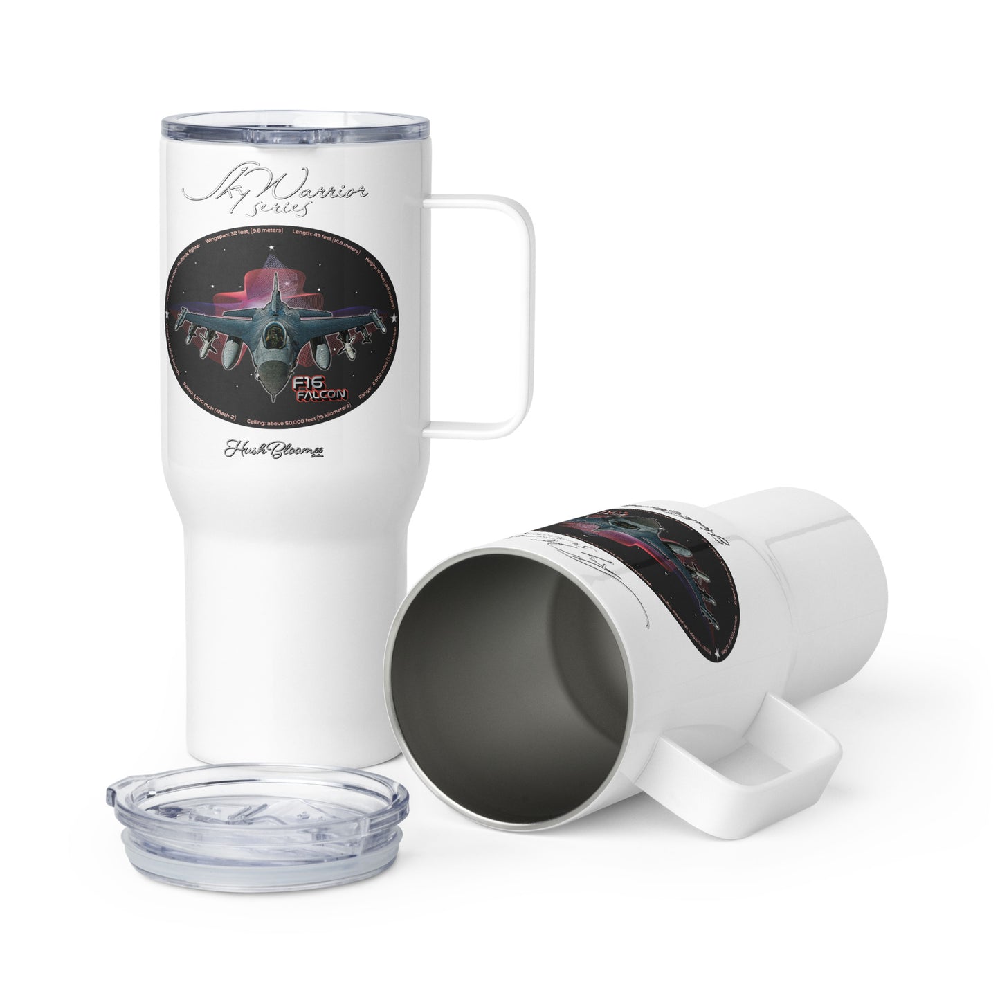 White - F16 Falcon Travel mug with a handle