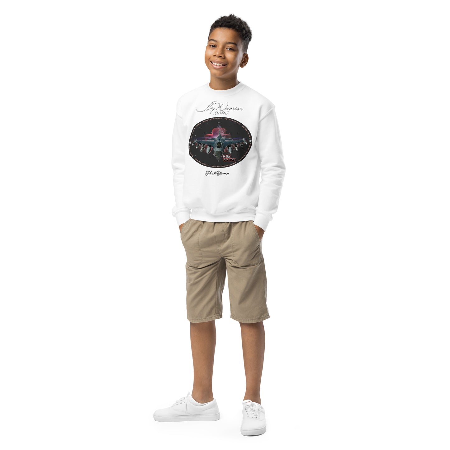 White - F16 Falcon Youth crewneck sweatshirt