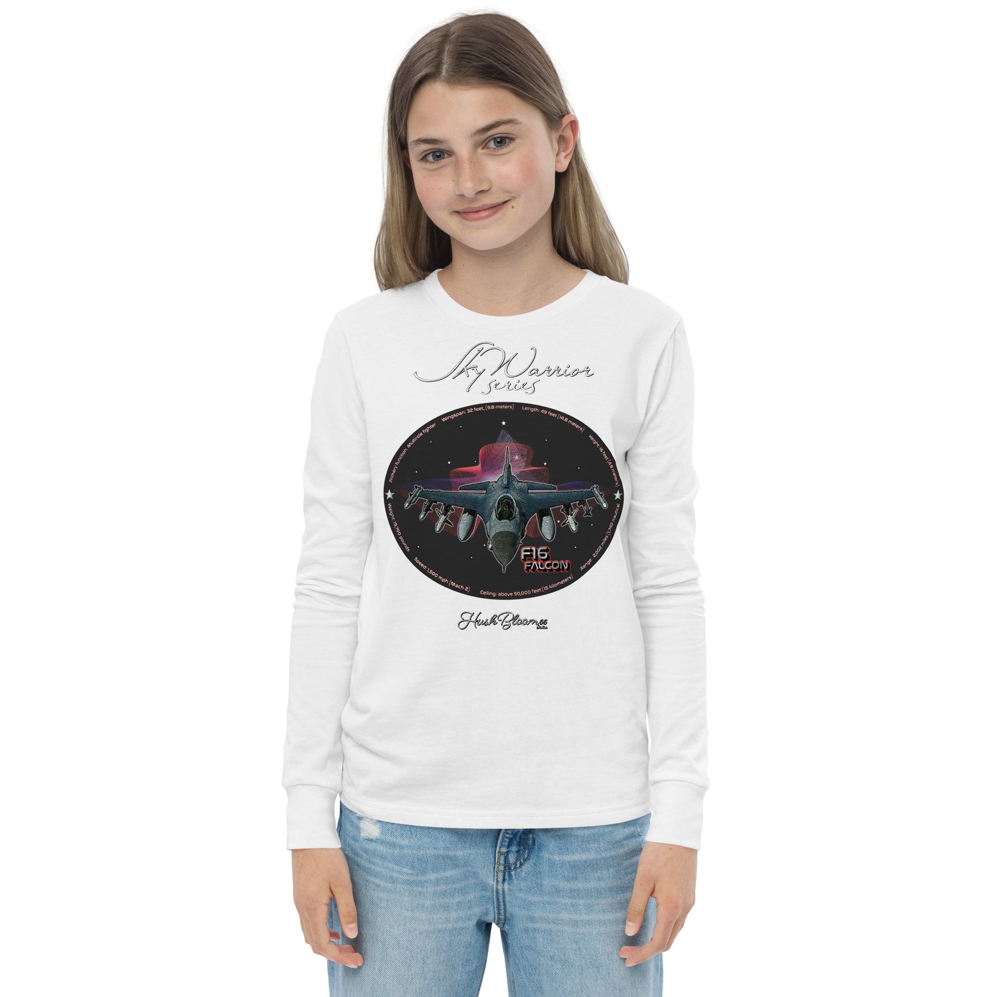 White - F16 Falcon Youth long sleeve tee